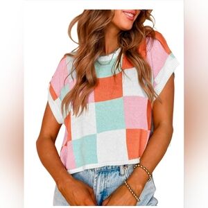 Checkerboard Cropped Knit Top - Pink, Mint & Coral Blocks